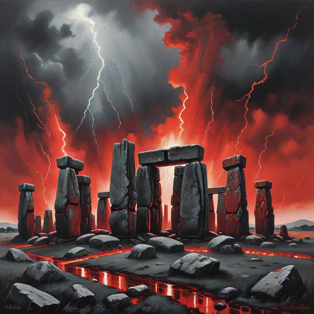 Gothic Red and Black Monotone Oil Painting of Stonehenge in ...