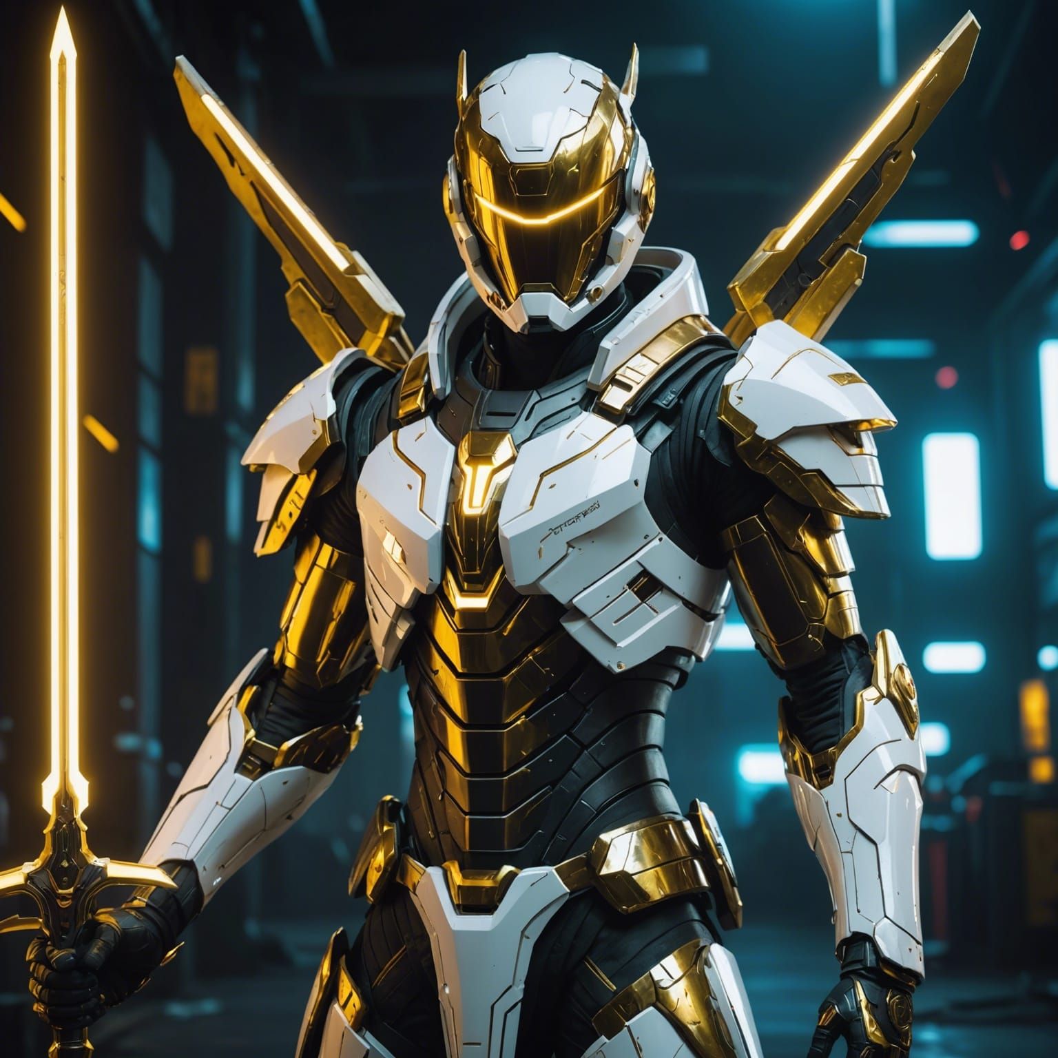 Angelic Warrior with Glowing Sword in Cyberpunk Style