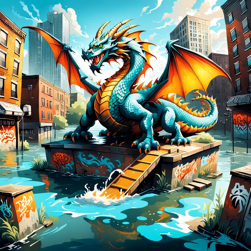 Dragon Oversees Submerged Cityscape in Graffiti Art