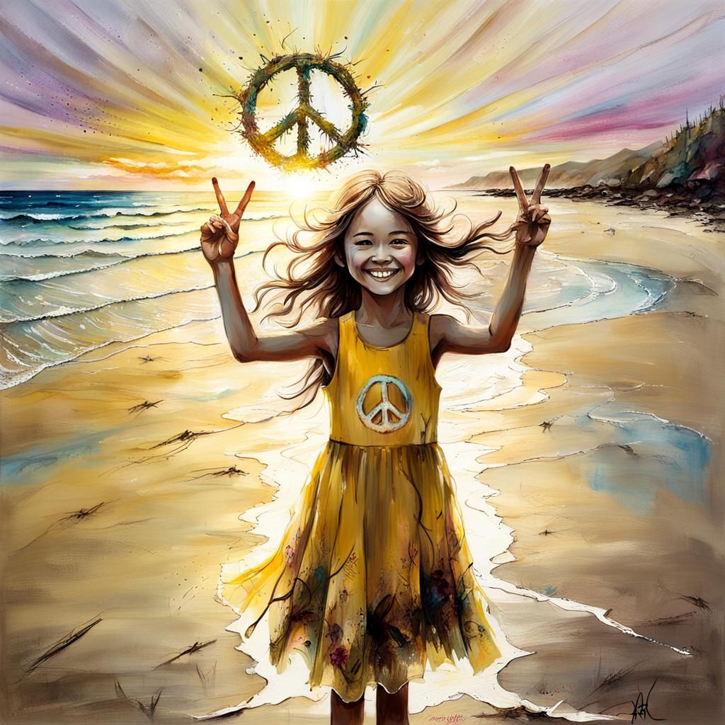 Happy Girl Portrait with Peace Symbol, Stylized Art