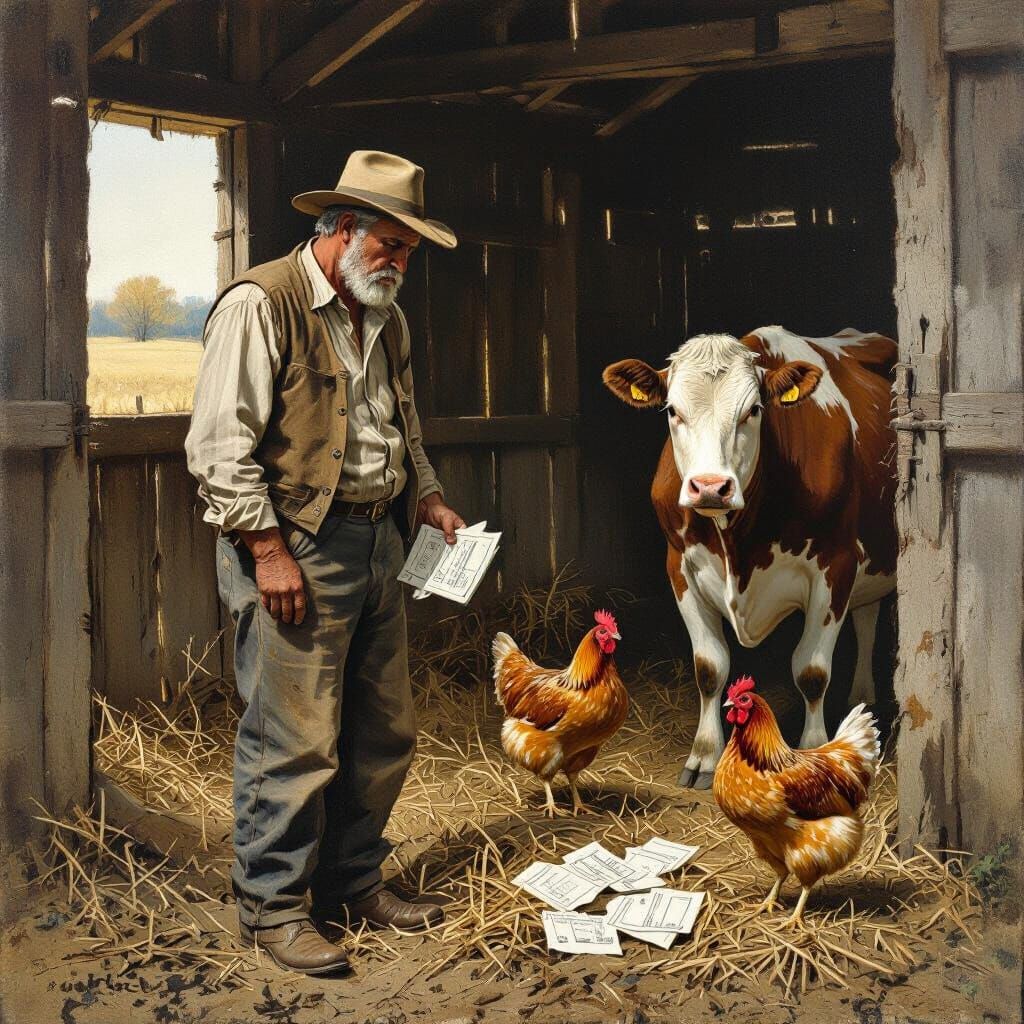 Worried Farmer in Barn, Wyeth-Style Painting