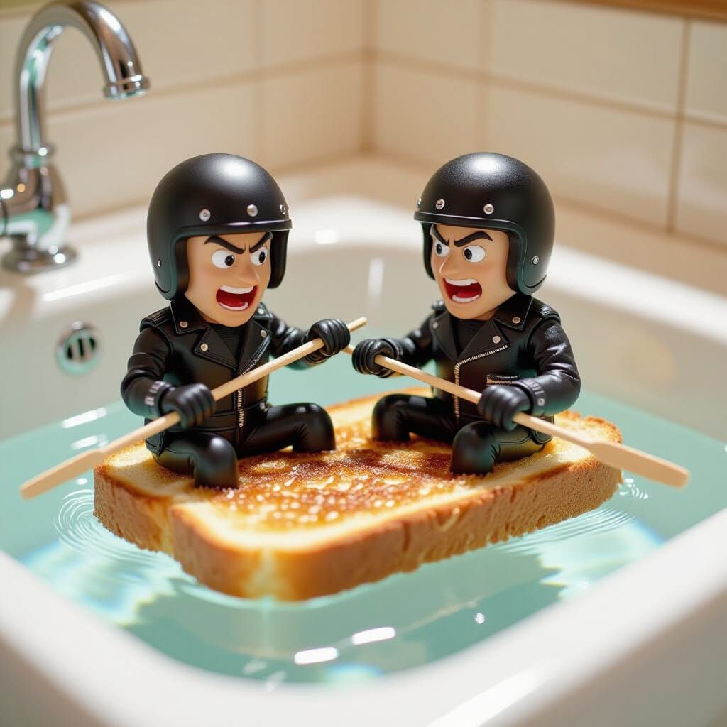 Tiny Bikers Raft Kitchen Sink on Toast in Whimsical Illustra...