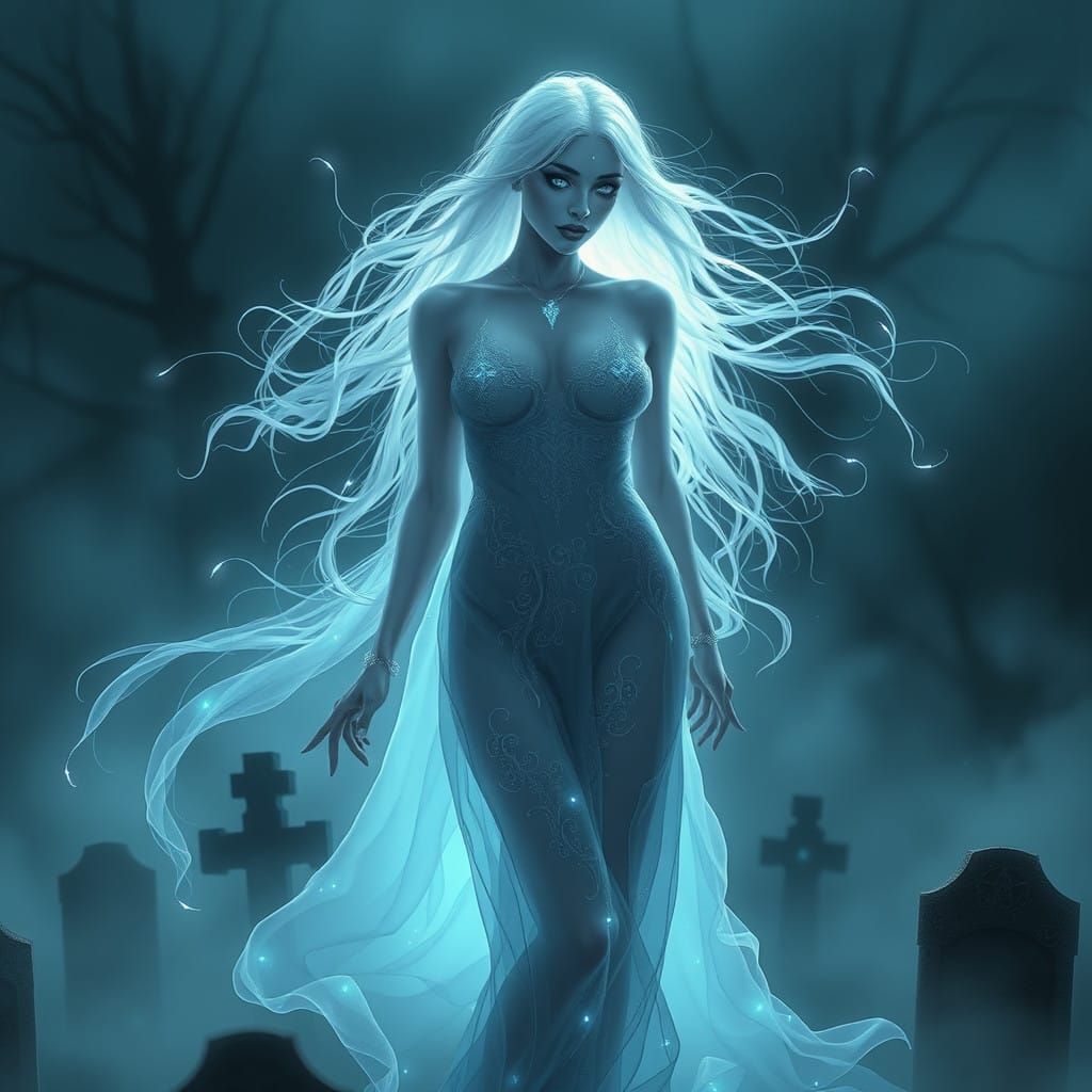 Ethereal Banshee Goddess in Foggy Graveyard