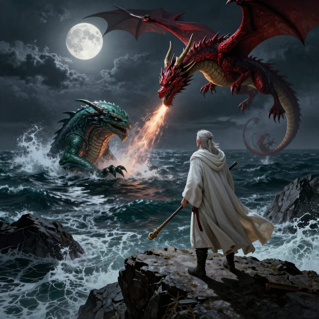 Elf Battles Dragon and Sea Monster in Moonlight Storm