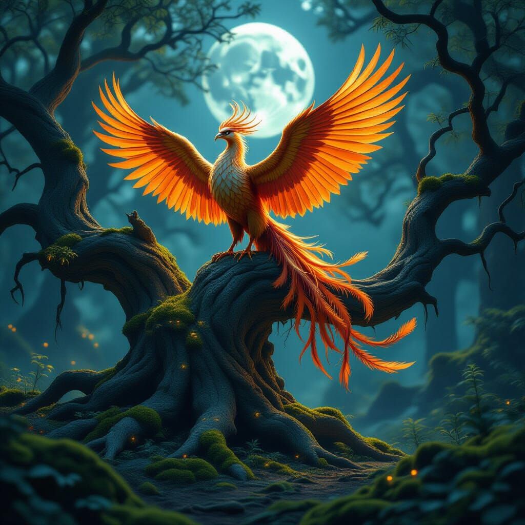Golden Phoenix in Moonlit Forest: Fantasy Concept Art