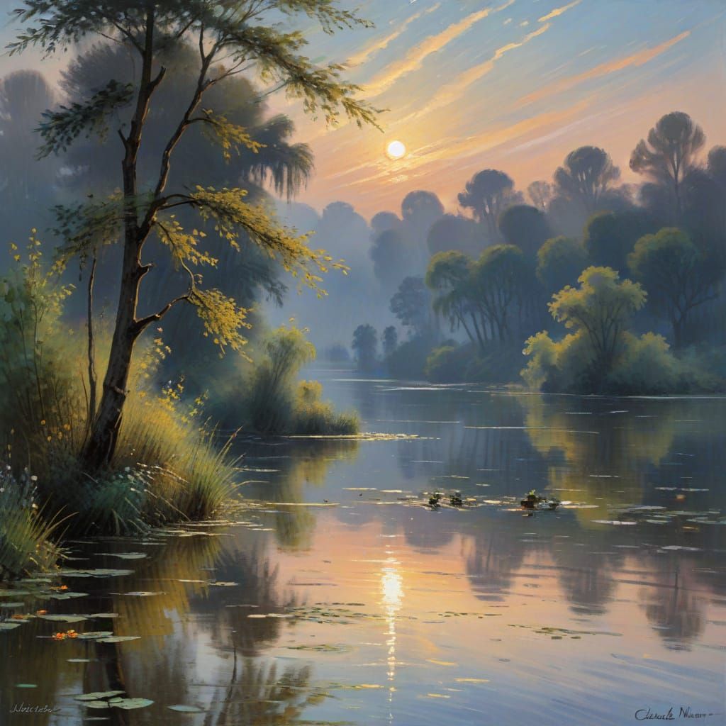 Tranquil Moonlit Lake in Impressionist Style