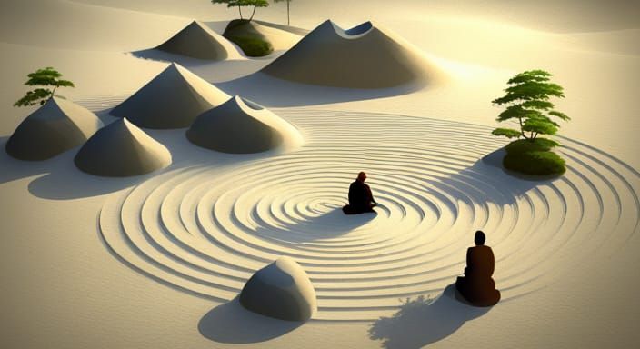 Serene Zen Garden with Meditating Monk in Watercolor