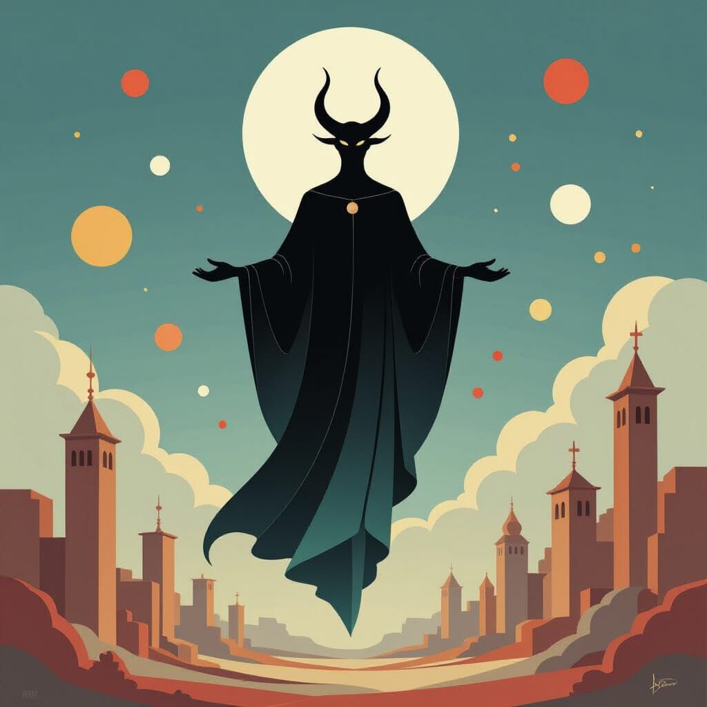 Enigmatic Figure Above Minimalist Landscape in Naive Surreal...