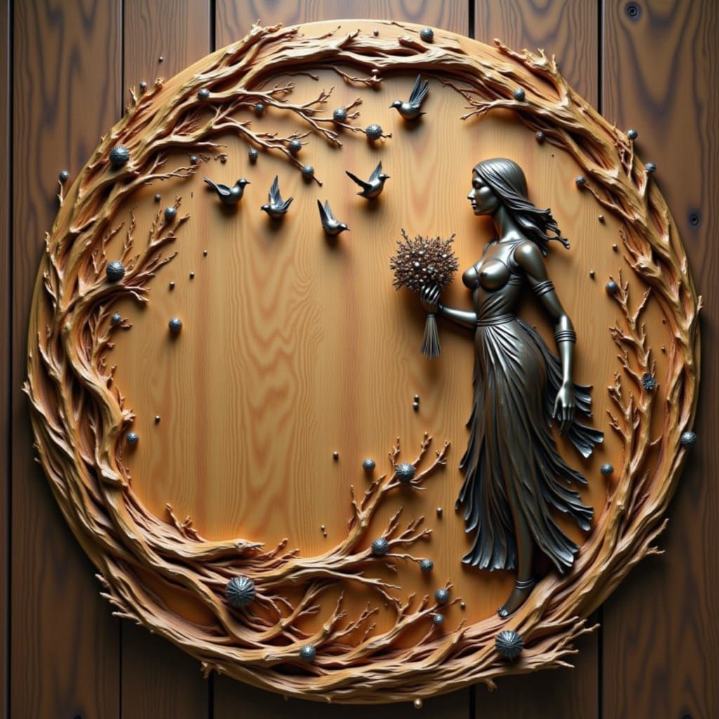 Wood and Metal Maiden Sculpture with Flowers and Sparrows
