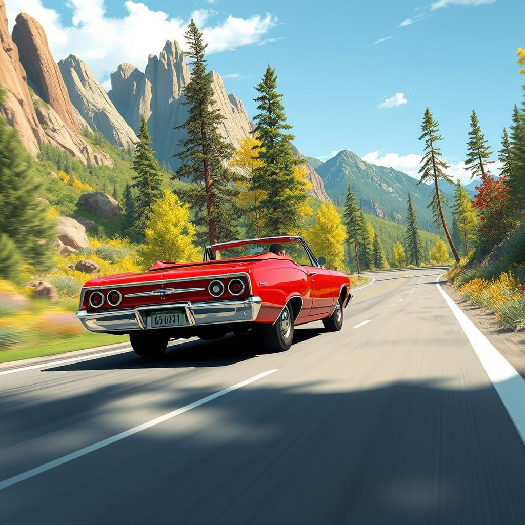 Retro Futuristic Road Trip in Cherry-Red Convertible