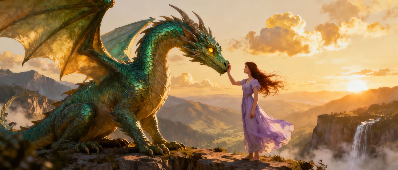 Majestic Dragon and Woman Friends in Golden Hour