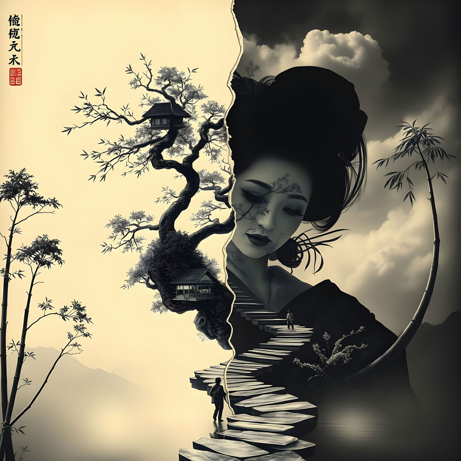 Surreal Geisha Dreamscape with Bonsai and Winding Path