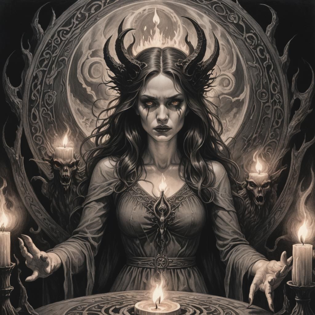 Lilith in Summoning Circle: Dark Charcoal Art
