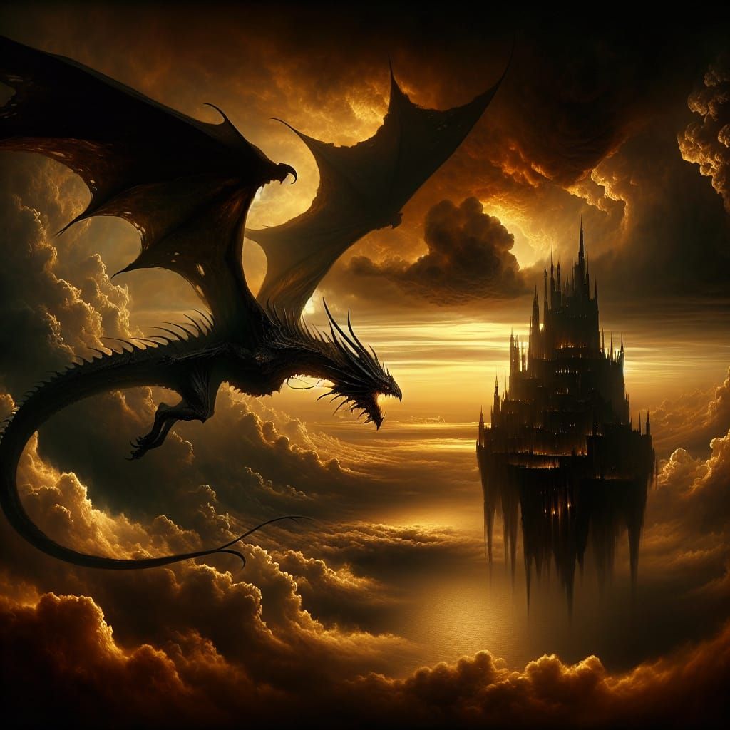 Dark Fantasy Dragon soars above Stormy Castle at Sunset