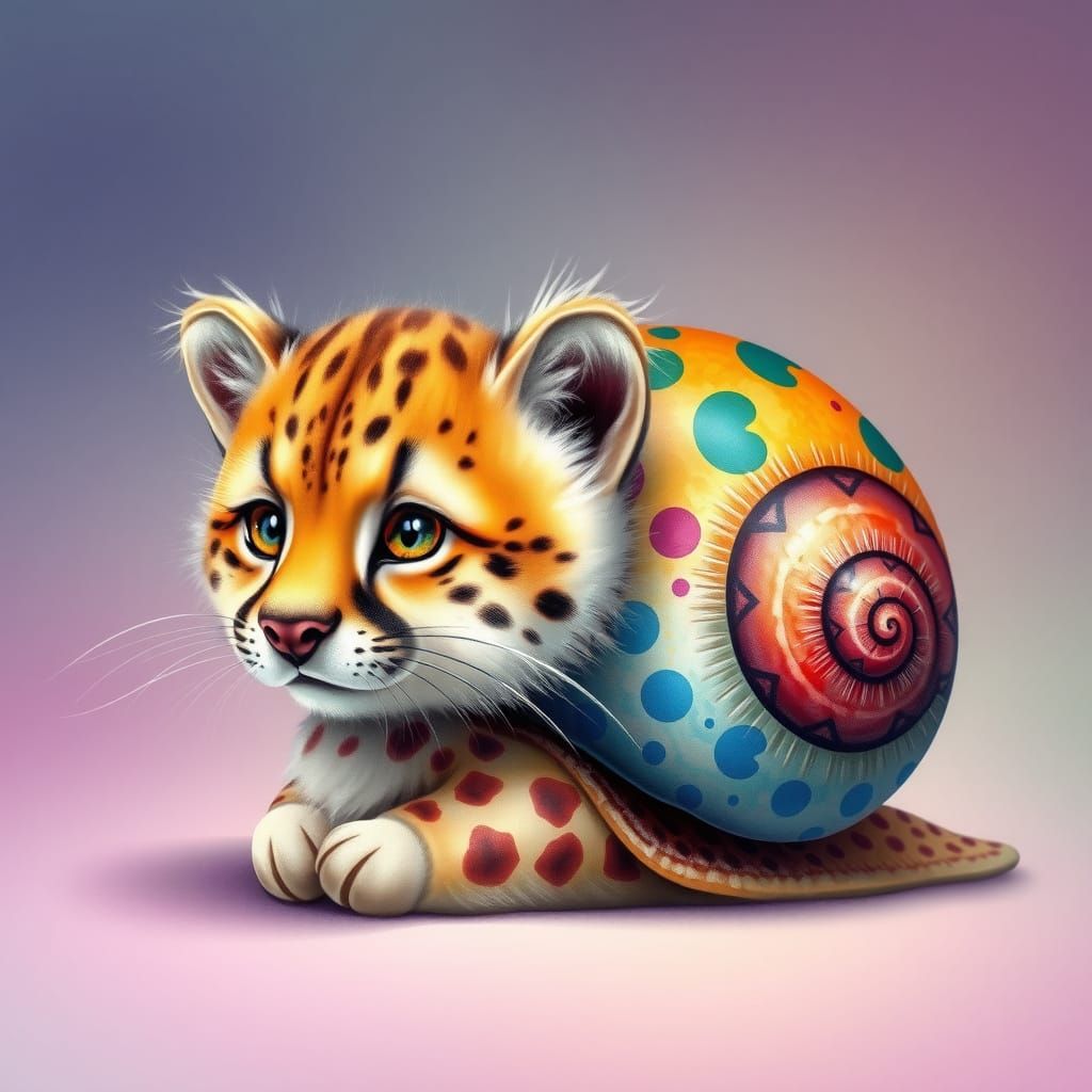 Whimsical Cheetah Snail Hybrid in Colorful, Dreamy Landscape