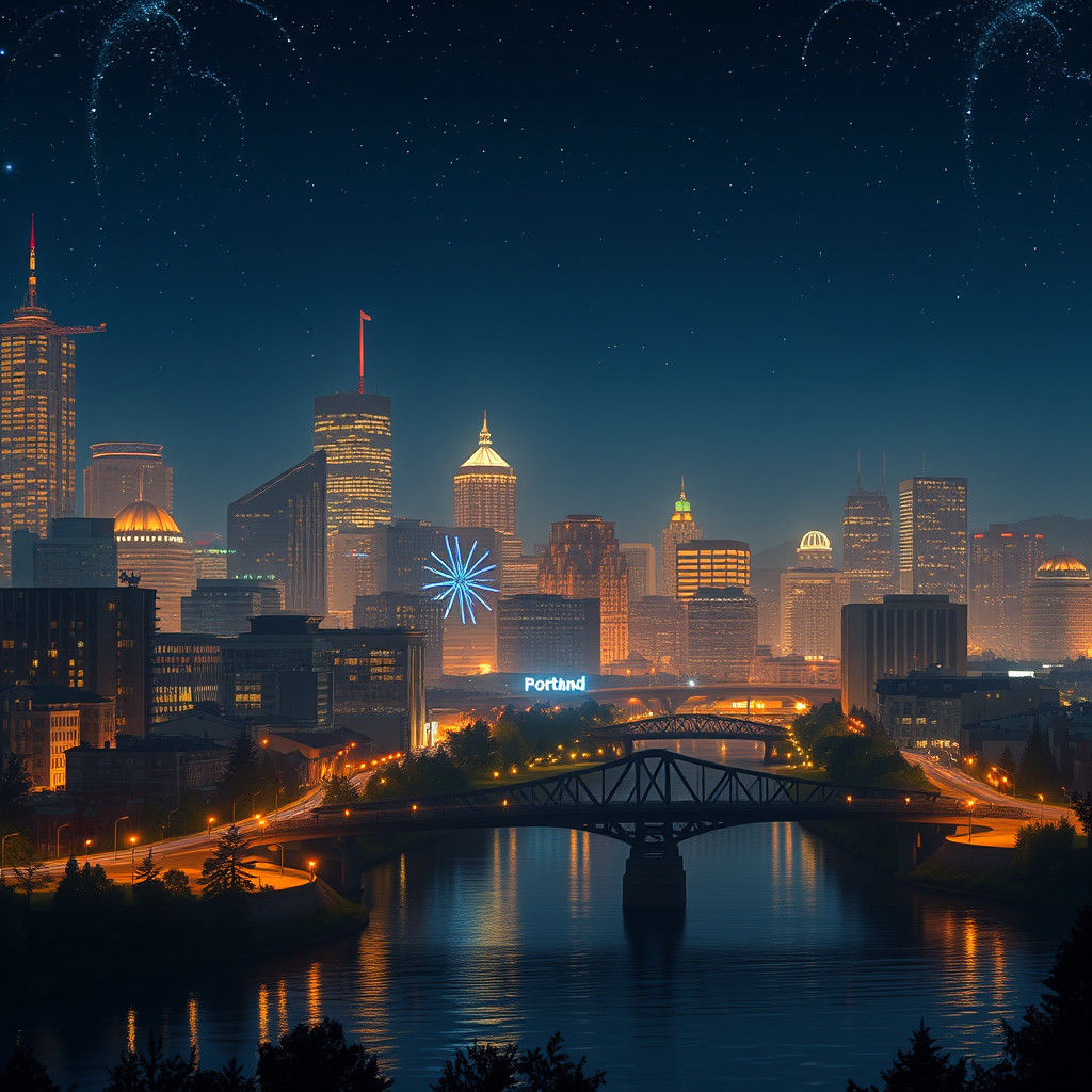 Portland Skyline at Night in Anime Style