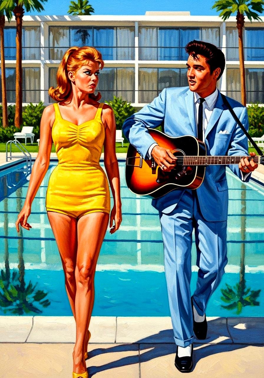 Elvis and Ann Margaret by a Pool in Oil Painting Style