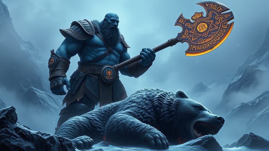 Goliath Warrior Triumphs Over Giant Bear in Dark Fantasy Mou...