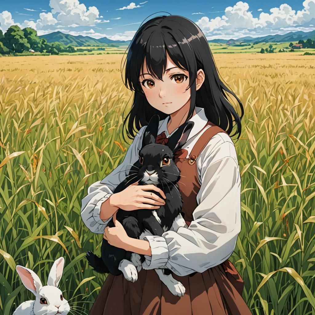 Woman Holding Rabbit in Anime Style Field