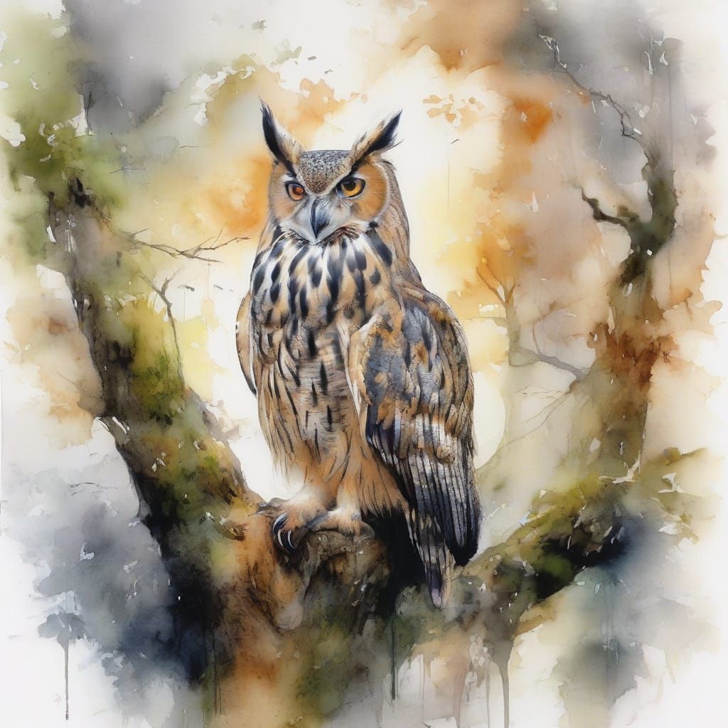 Watercolor Eagle Owl in Moonlight