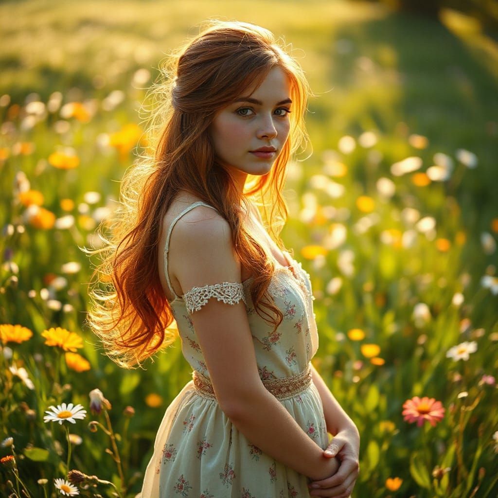 Ghibli-esque Woman in Meadow, Renoir Sensuality