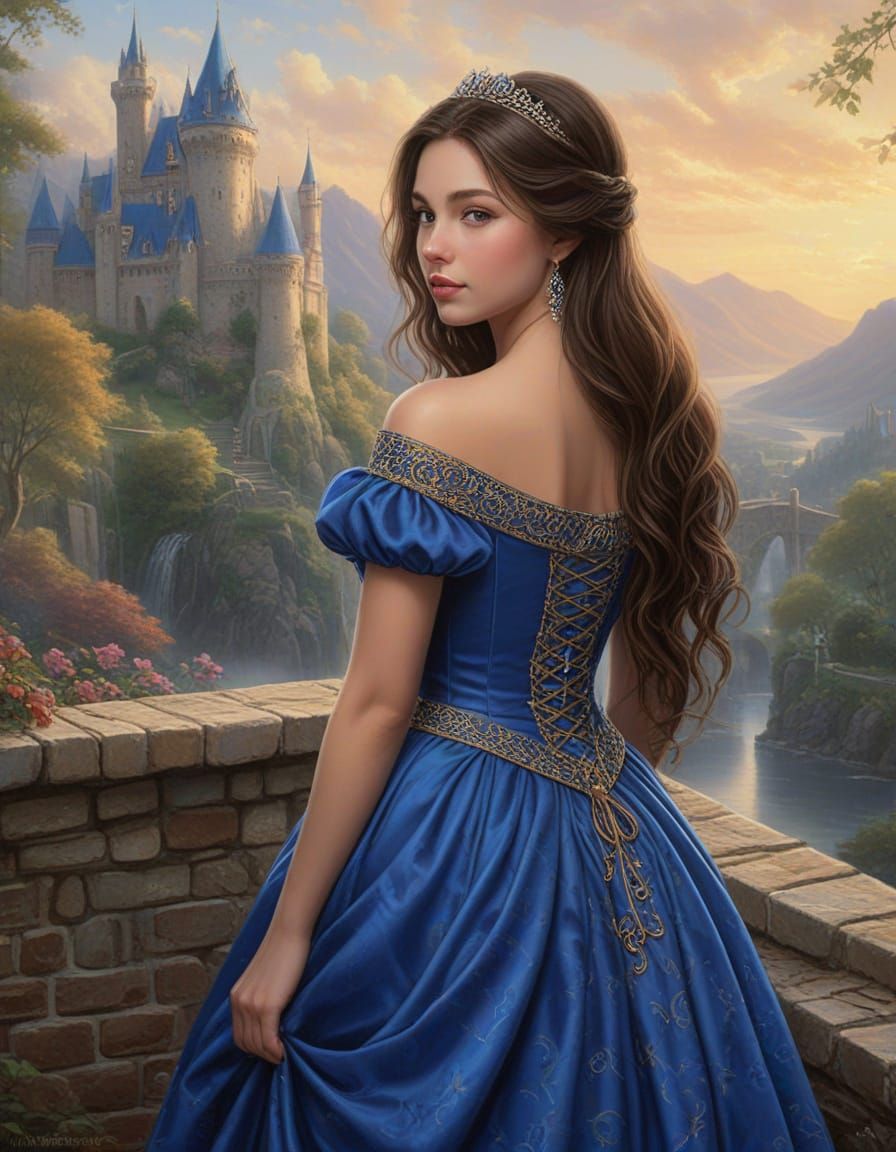 Ethereal Princess in Royal Blue Gown at Castle