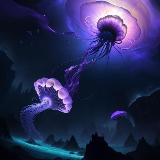 Purple Jellyfish Floating Among Glowing Bubbles