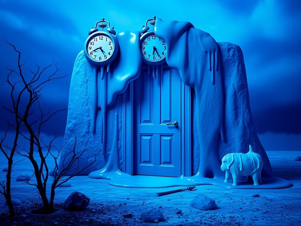 Surreal Blue Landscape with Melting Clocks and Floating Door