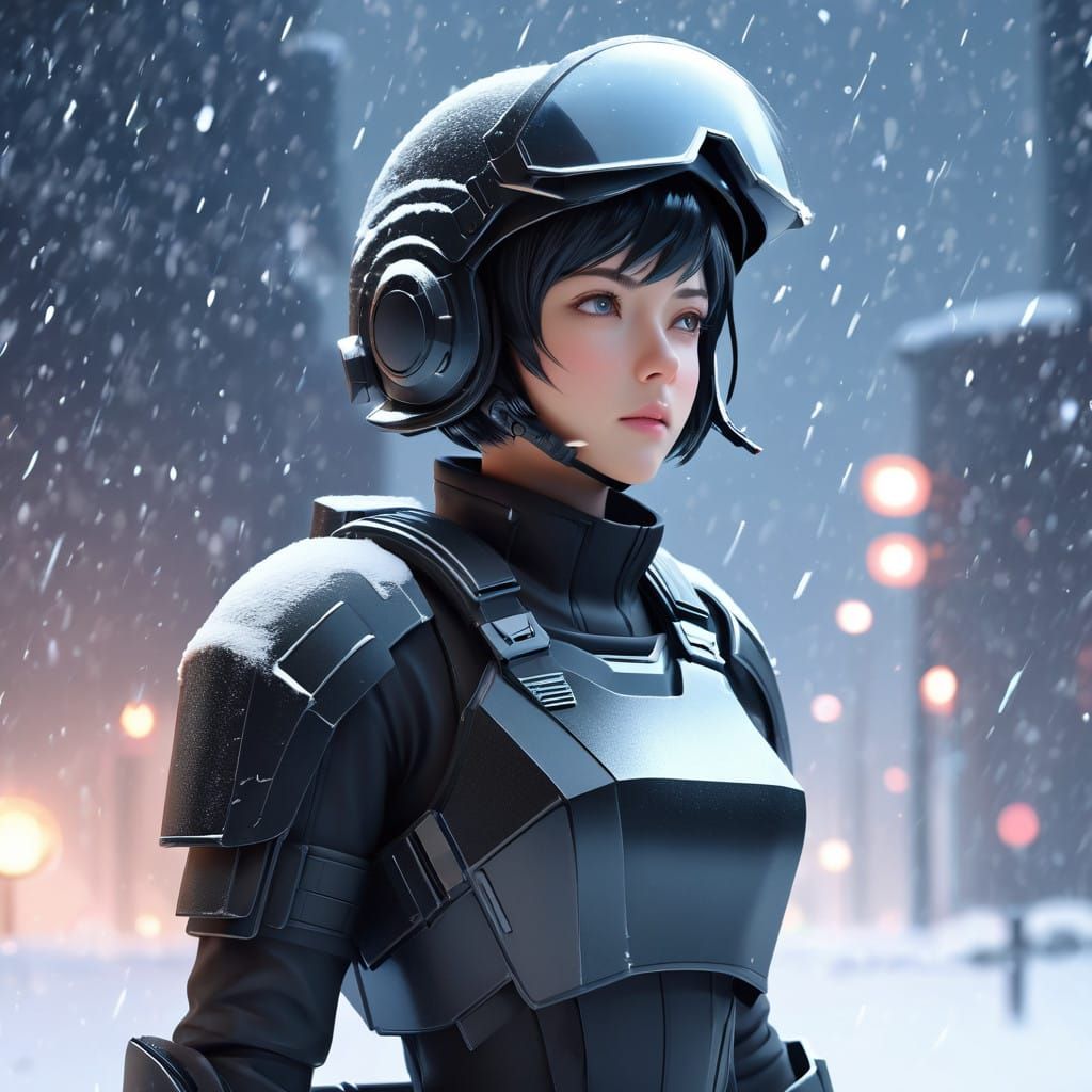 Scifi Soldier Anime Girl in a snow storm...