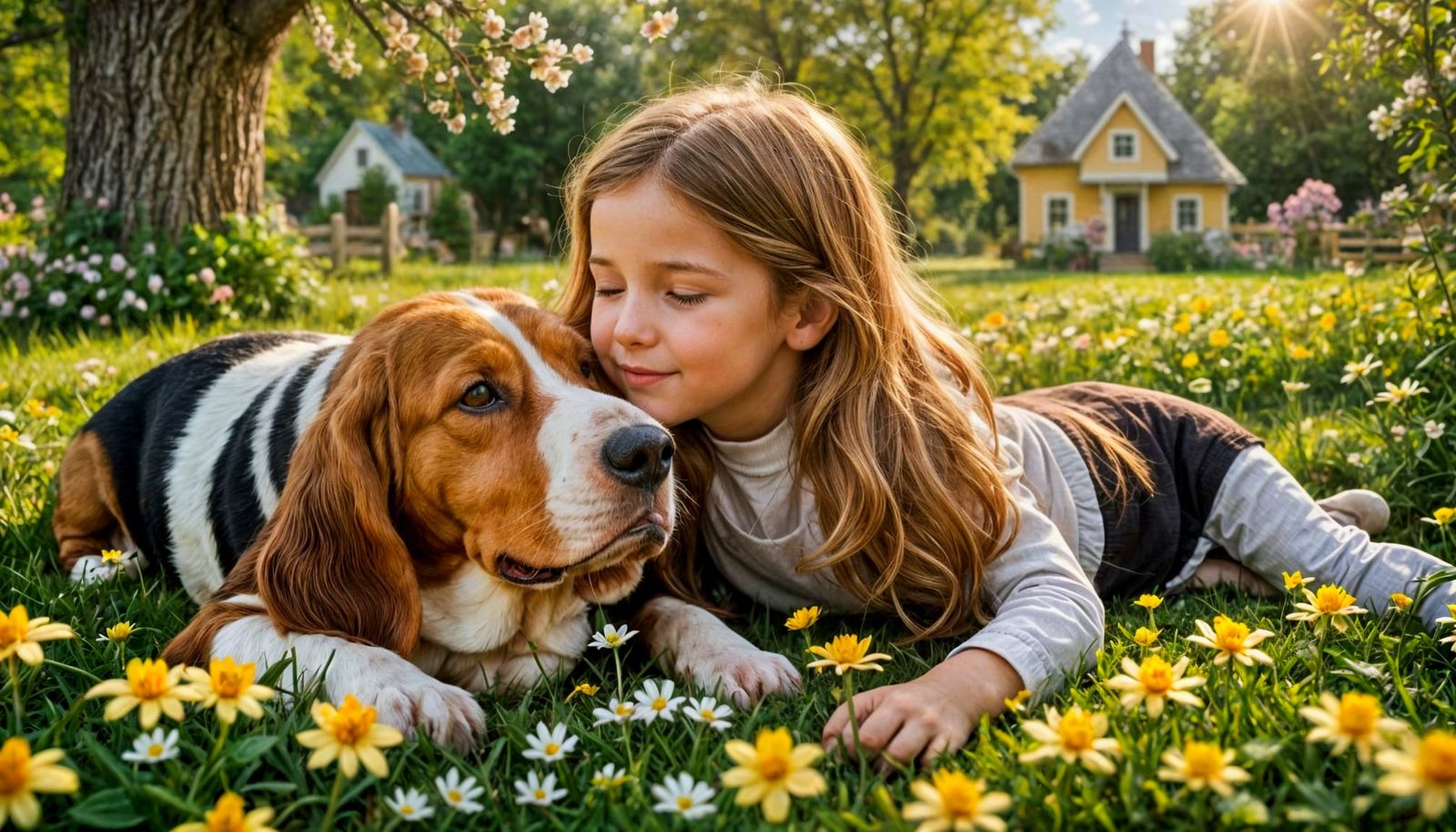 Girl Sleeps with Basset Hound Amidst Blossoms