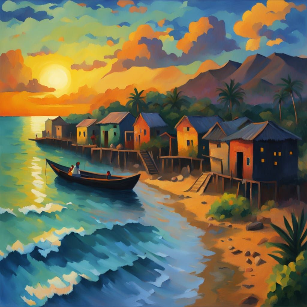 Gauguin Inspired African Fishing Village at Golden Hour