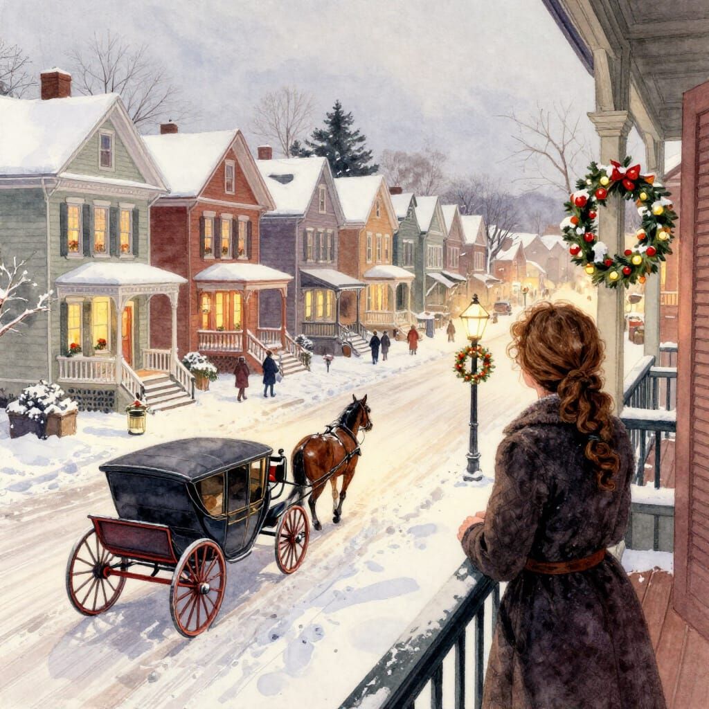 Winter Balcony Scene in Thomas Kinkade Watercolor Style