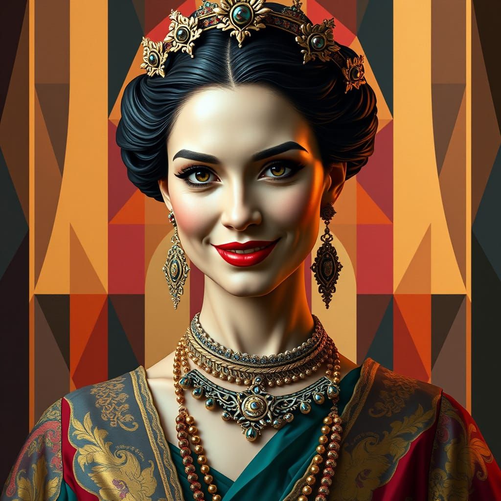 Regal Woman in Modern Cubist Elegance
