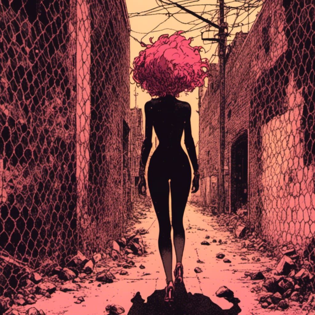 Cyberpunk Silhouette: Pink-Haired Woman in Tokyo Alley