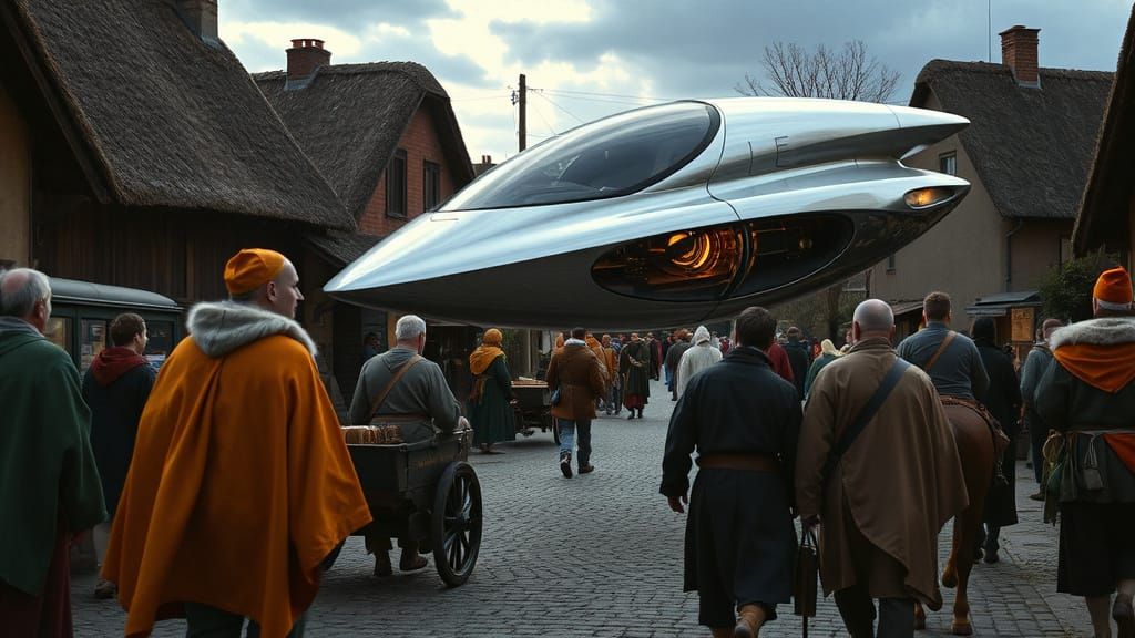 Medieval Village Meets Future Vehicle in Ghibli Style