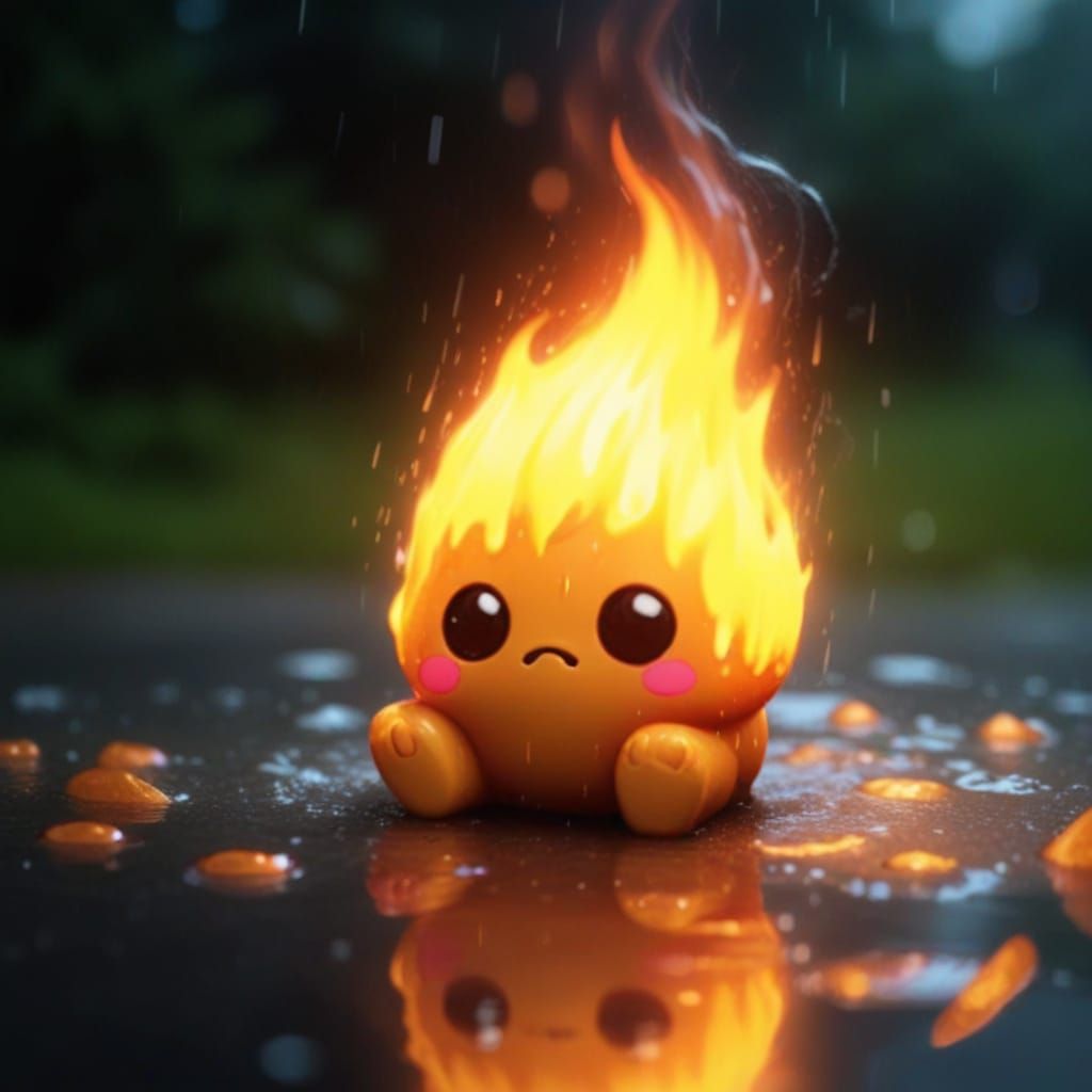 sad fire elemental caught in the rain