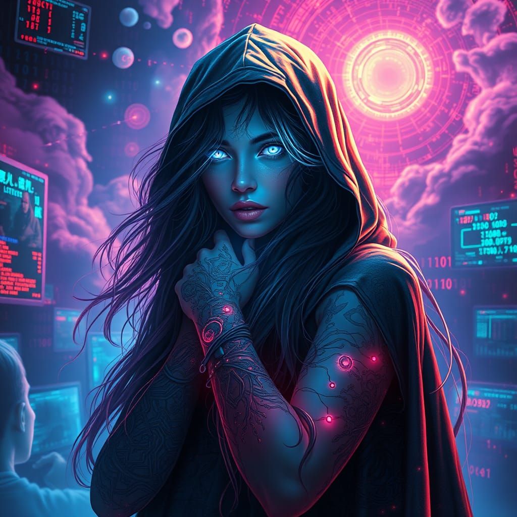 Mystical Cyberpunk Woman Conjuring Digital Spells