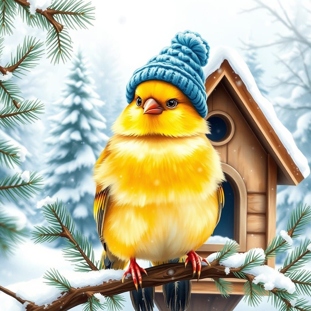 Whimsical Yellow Canary in Winter Wonderland