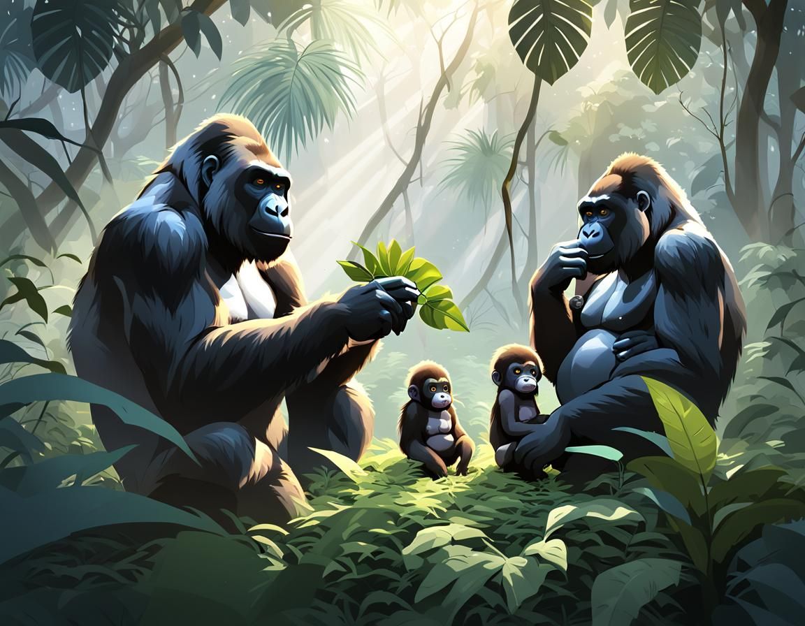 Gorilla Family in Jungle, 3D Anime Art
