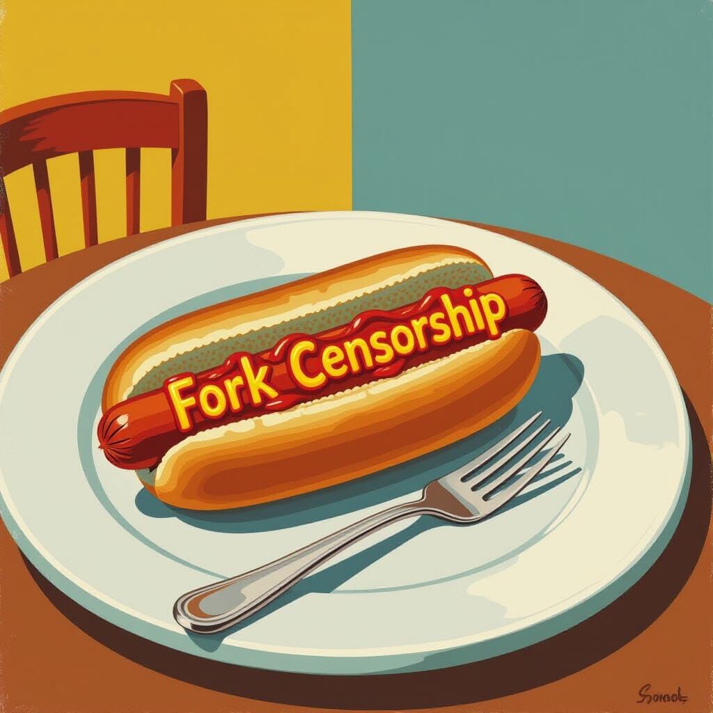 Hotdog with Censorship Message in Folk Art Style