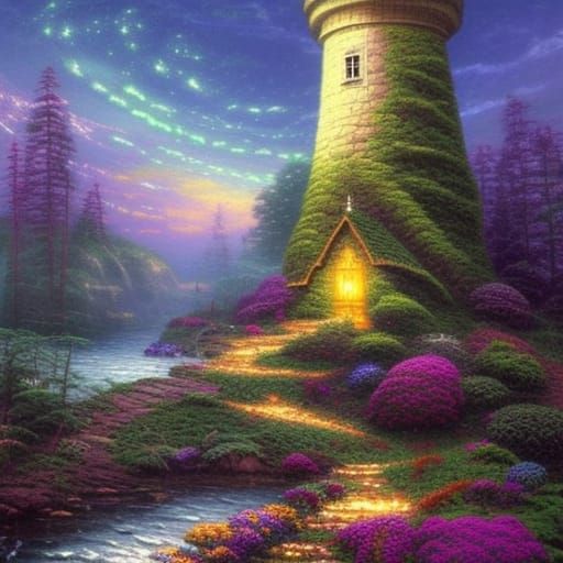 Elvish Lighthouse with Bioluminescent Leaves