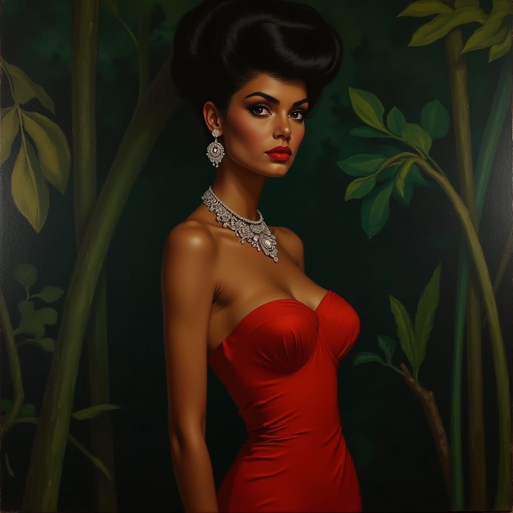 Retro Armenian Model in Jungle, Impressionistic Oil Painting