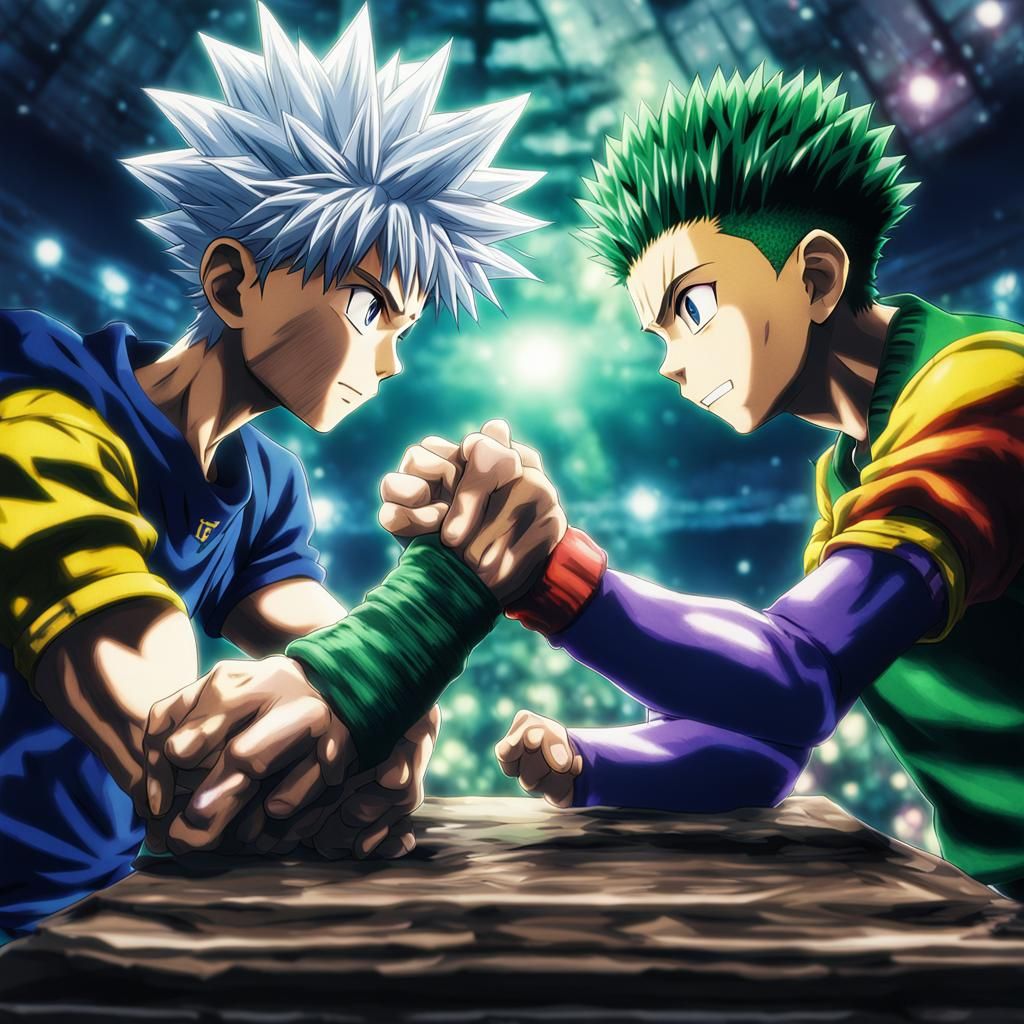 Gon and Killua Arm Wrestling in Hyperrealistic Style
