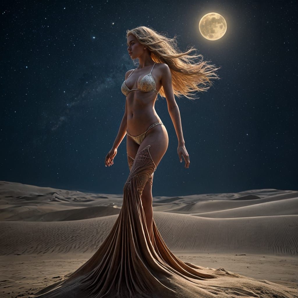 Surreal Sandstorm Woman in Starry Desert
