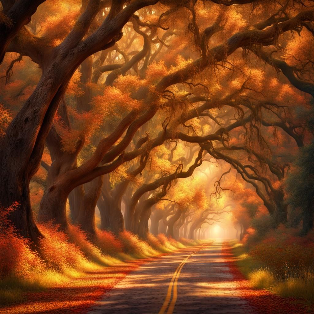 Autumnal Tunnel of Oak Trees in Sunlight