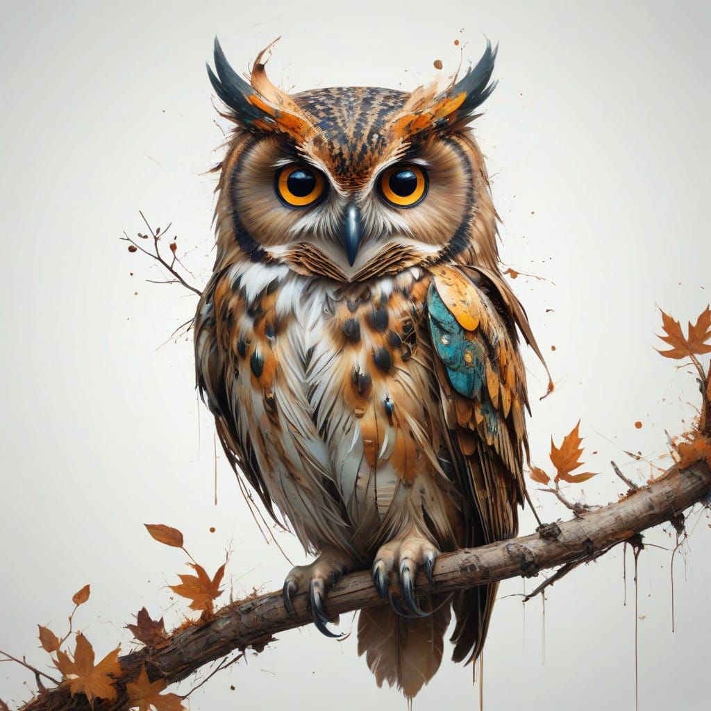 Surreal Autumn Owl's Whimsical Perch in Enchanting Digital A...