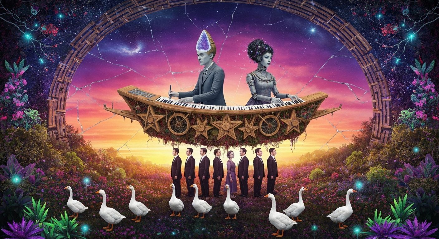 Ethereal Figures Compose Surreal Poems in Cosmic Garden