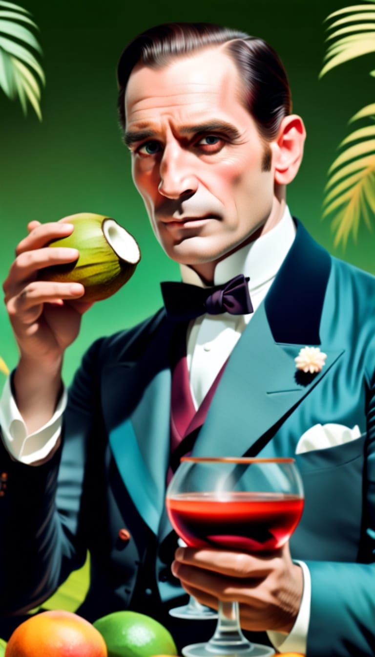 Tropical Feast: People Drink Glowing Coconuts in Vibrant Art