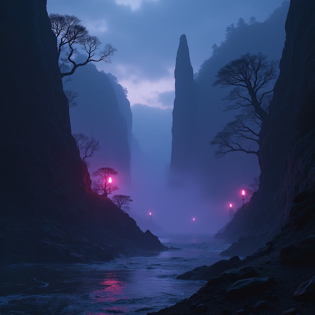 Synthwave Cove with Neon Trees and Mist