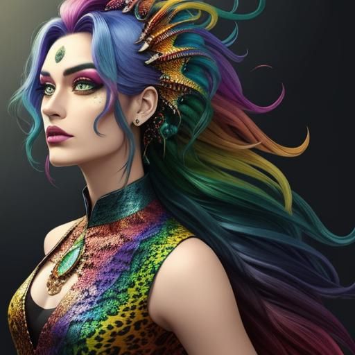 Rainbow Dragon Woman: Abstract Art Portrait